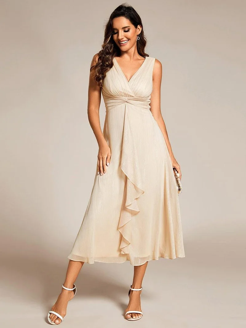 ever MEI|Robe d'invité de mariage scintillante sans manches avec nœud torsadé et ligne de feuille de lotus（(Vente finale)）