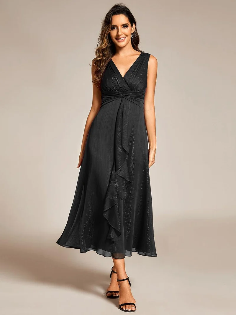 ever MEI|Robe d'invité de mariage scintillante sans manches avec nœud torsadé et ligne de feuille de lotus（(Vente finale)）
