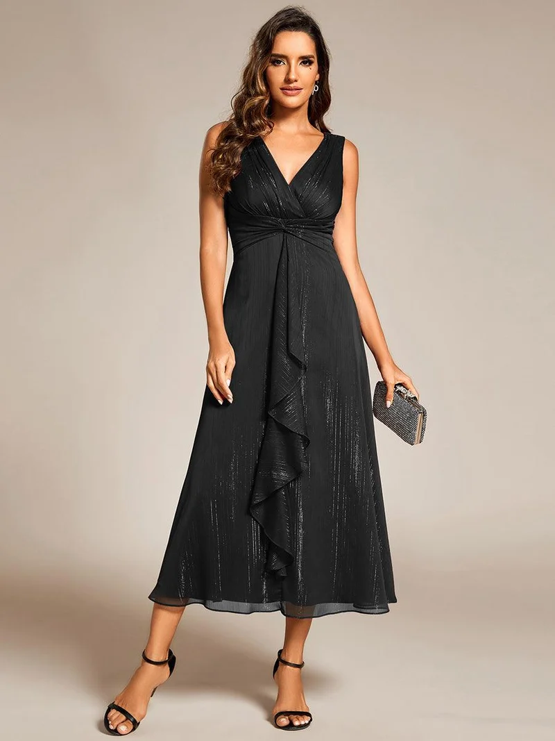ever MEI|Robe d'invité de mariage scintillante sans manches avec nœud torsadé et ligne de feuille de lotus（(Vente finale)）
