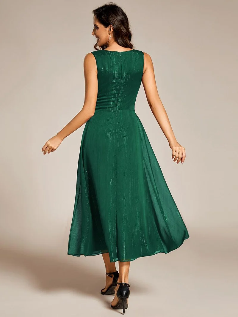 ever MEI|Robe d'invité de mariage scintillante sans manches avec nœud torsadé et ligne de feuille de lotus（(Vente finale)）