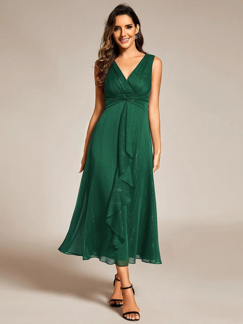 ever MEI|Robe d'invité de mariage scintillante sans manches avec nœud torsadé et ligne de feuille de lotus（(Vente finale)）
