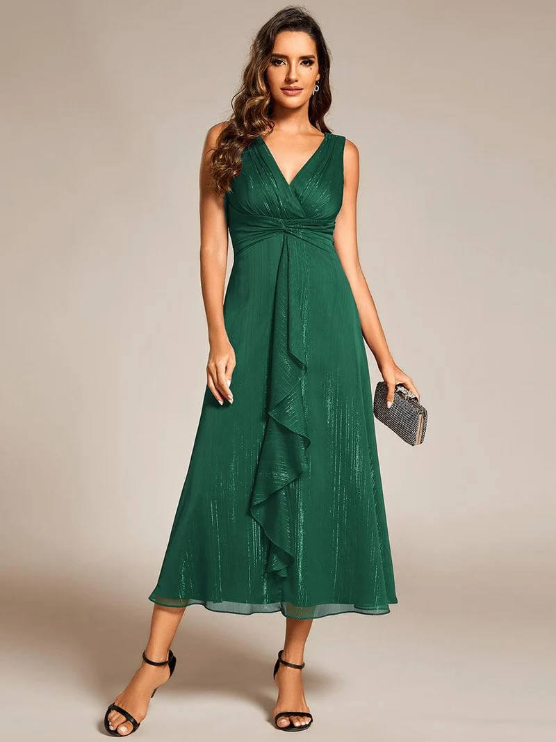 ever MEI|Robe d'invité de mariage scintillante sans manches avec nœud torsadé et ligne de feuille de lotus（(Vente finale)）