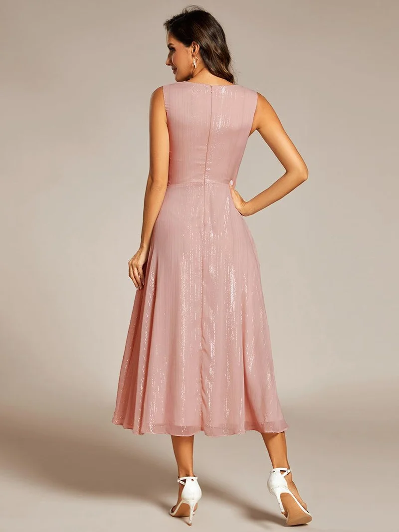 ever MEI|Robe d'invité de mariage scintillante sans manches avec nœud torsadé et ligne de feuille de lotus（(Vente finale)）