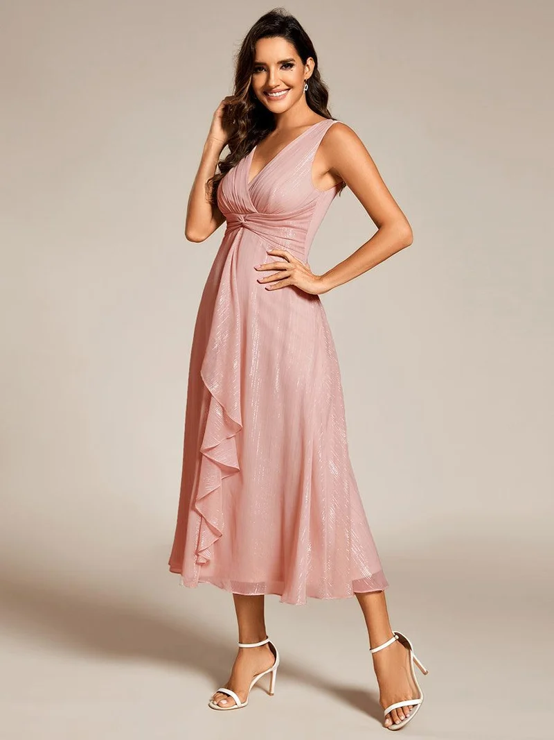 ever MEI|Robe d'invité de mariage scintillante sans manches avec nœud torsadé et ligne de feuille de lotus（(Vente finale)）