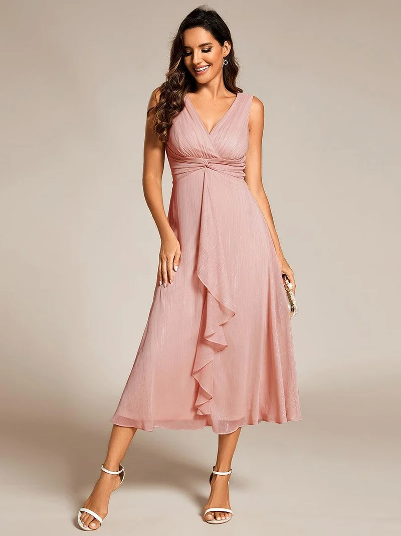 ever MEI|Robe d'invité de mariage scintillante sans manches avec nœud torsadé et ligne de feuille de lotus（(Vente finale)）