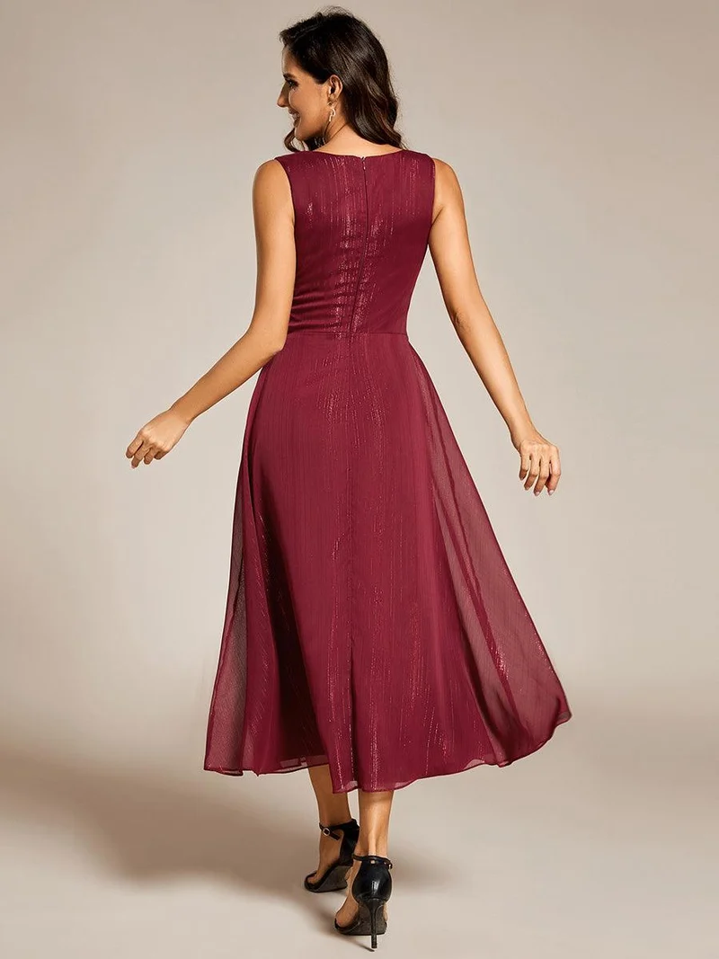 ever MEI|Robe d'invité de mariage scintillante sans manches avec nœud torsadé et ligne de feuille de lotus（(Vente finale)）