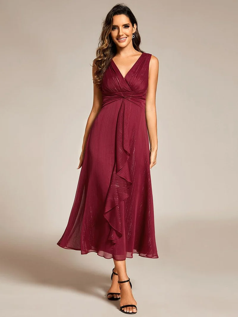 ever MEI|Robe d'invité de mariage scintillante sans manches avec nœud torsadé et ligne de feuille de lotus（(Vente finale)）