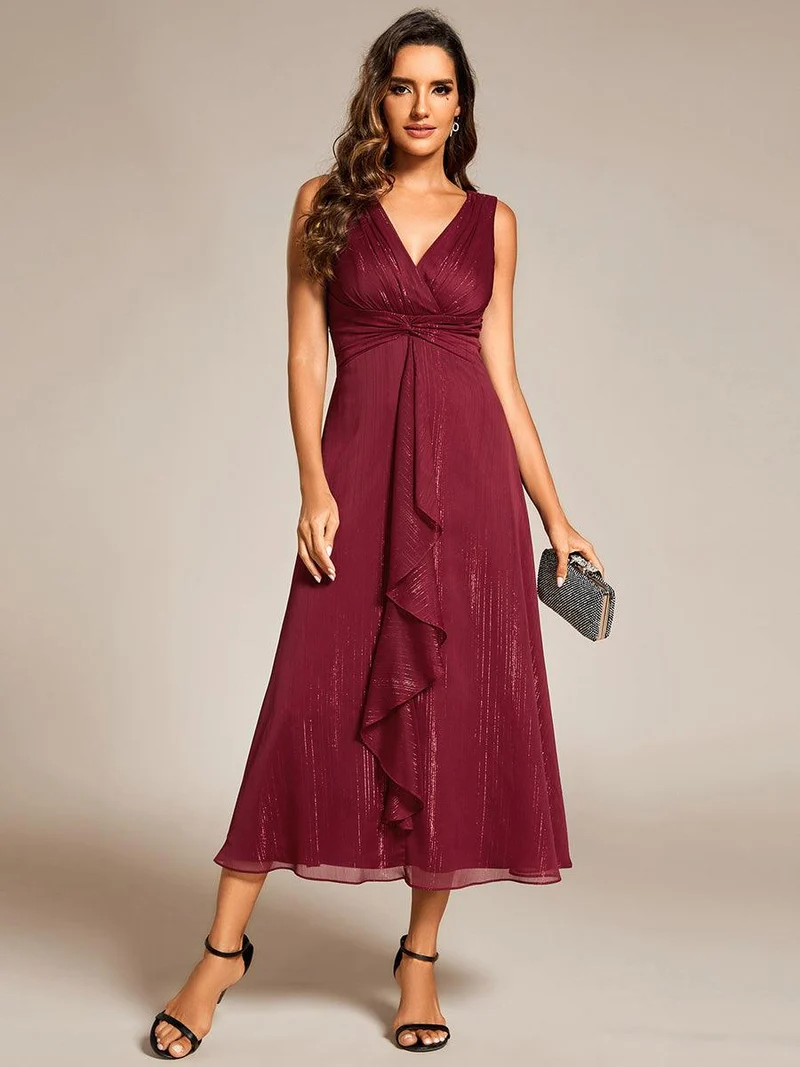 ever MEI|Robe d'invité de mariage scintillante sans manches avec nœud torsadé et ligne de feuille de lotus（(Vente finale)）