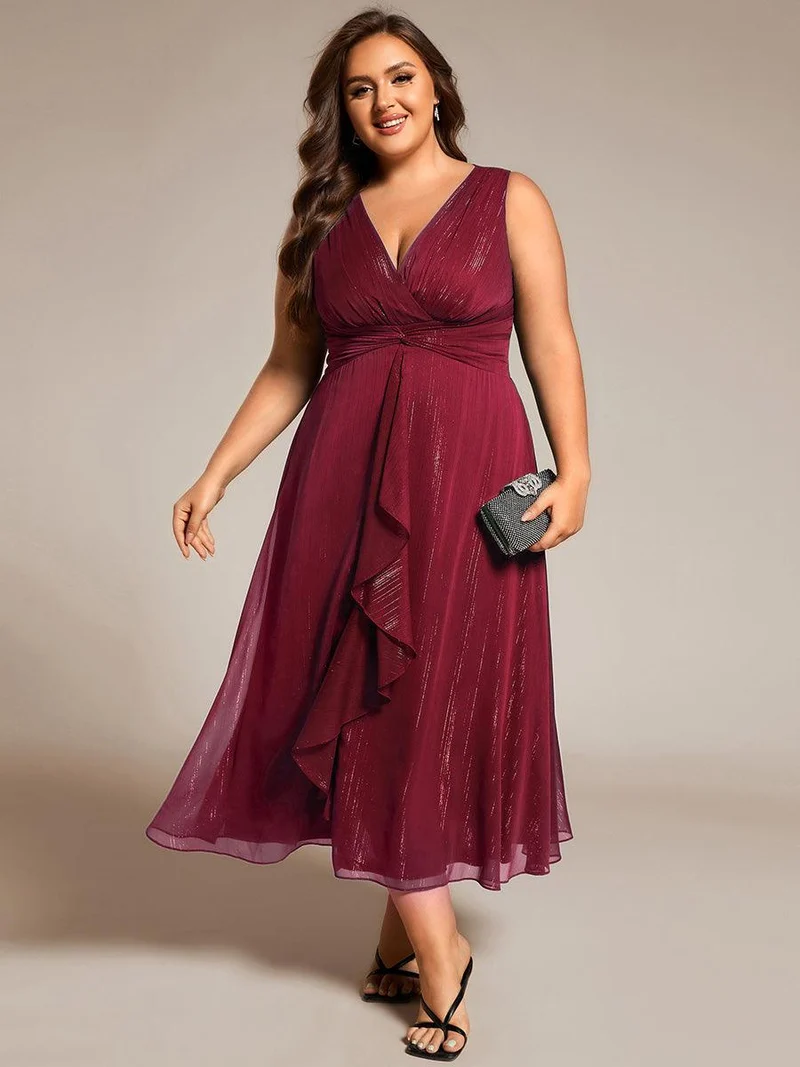 ever MEI|Robe d'invité de mariage scintillante sans manches avec nœud torsadé et ligne de feuille de lotus（(Vente finale)）