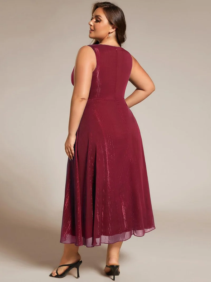 ever MEI|Robe d'invité de mariage scintillante sans manches avec nœud torsadé et ligne de feuille de lotus（(Vente finale)）