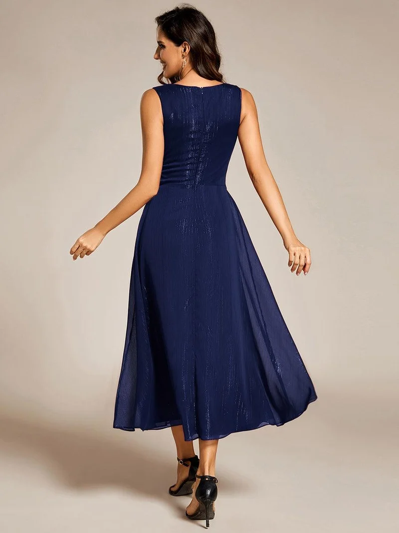 ever MEI|Robe d'invité de mariage scintillante sans manches avec nœud torsadé et ligne de feuille de lotus（(Vente finale)）