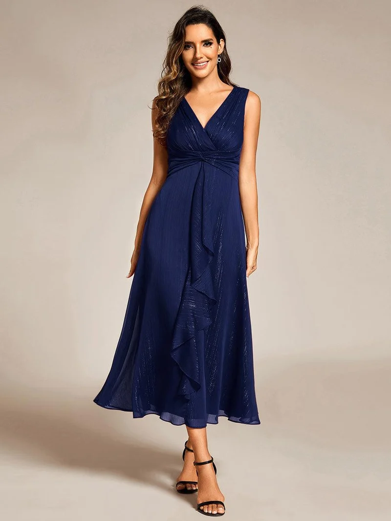 ever MEI|Robe d'invité de mariage scintillante sans manches avec nœud torsadé et ligne de feuille de lotus（(Vente finale)）