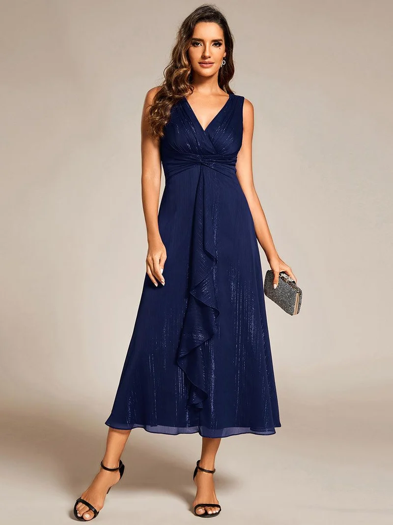 ever MEI|Robe d'invité de mariage scintillante sans manches avec nœud torsadé et ligne de feuille de lotus（(Vente finale)）