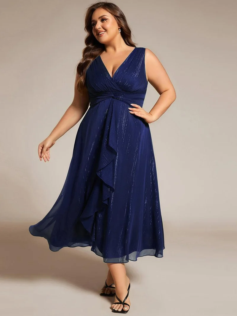 ever MEI|Robe d'invité de mariage scintillante sans manches avec nœud torsadé et ligne de feuille de lotus（(Vente finale)）