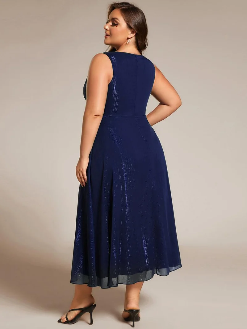 ever MEI|Robe d'invité de mariage scintillante sans manches avec nœud torsadé et ligne de feuille de lotus（(Vente finale)）