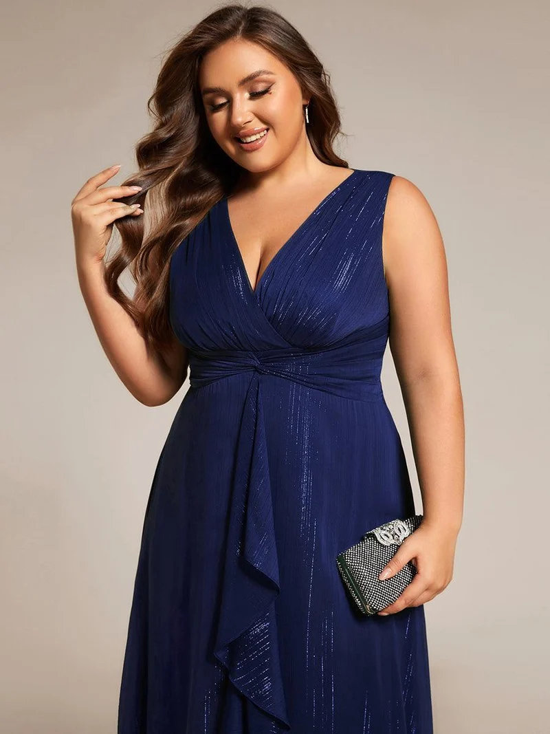 ever MEI|Robe d'invité de mariage scintillante sans manches avec nœud torsadé et ligne de feuille de lotus（(Vente finale)）