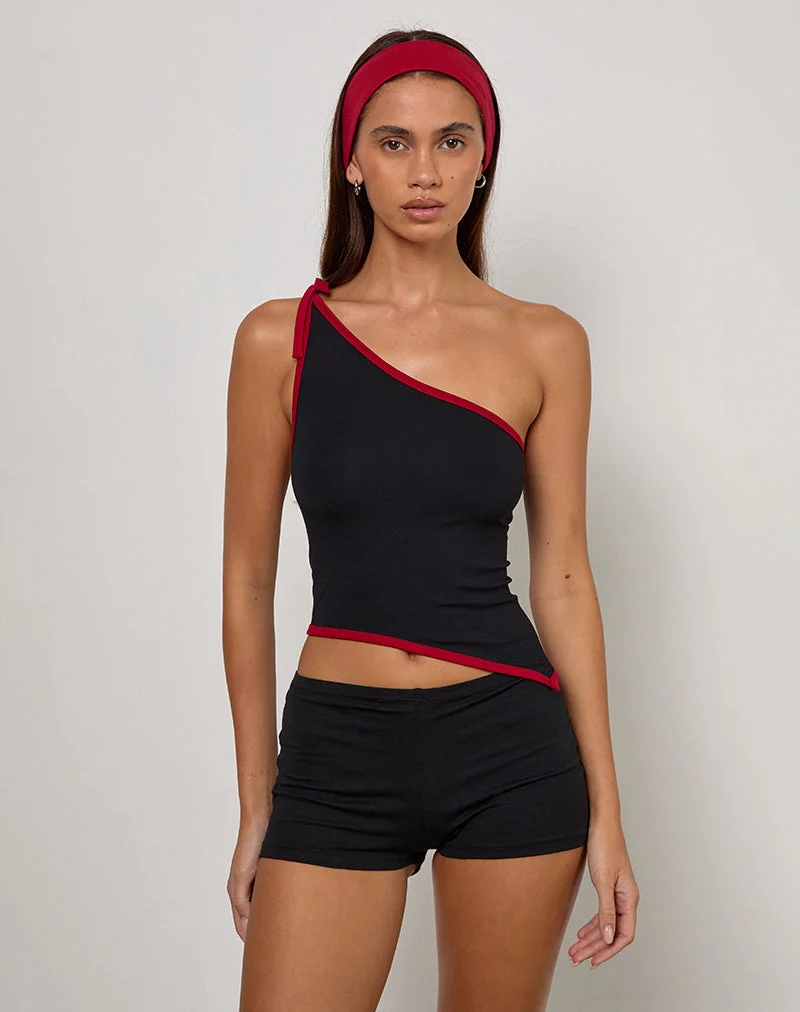 Lenti Asymmetric Top in Black with Adrenaline Red Binding (Top asymétrique en noir avec fixation en rouge adrénaline)