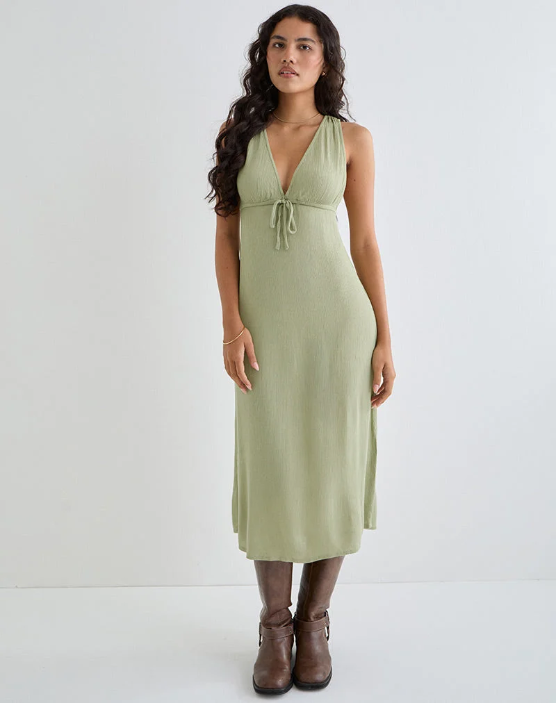 Havisla Tie Front Midi Dress in Sage Green