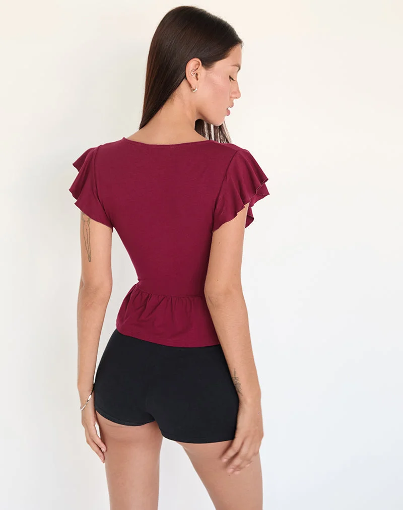 Leisma Frill Top in Jersey Burgundy with Studs (Top à volants Leisma en jersey bourgogne avec clous)