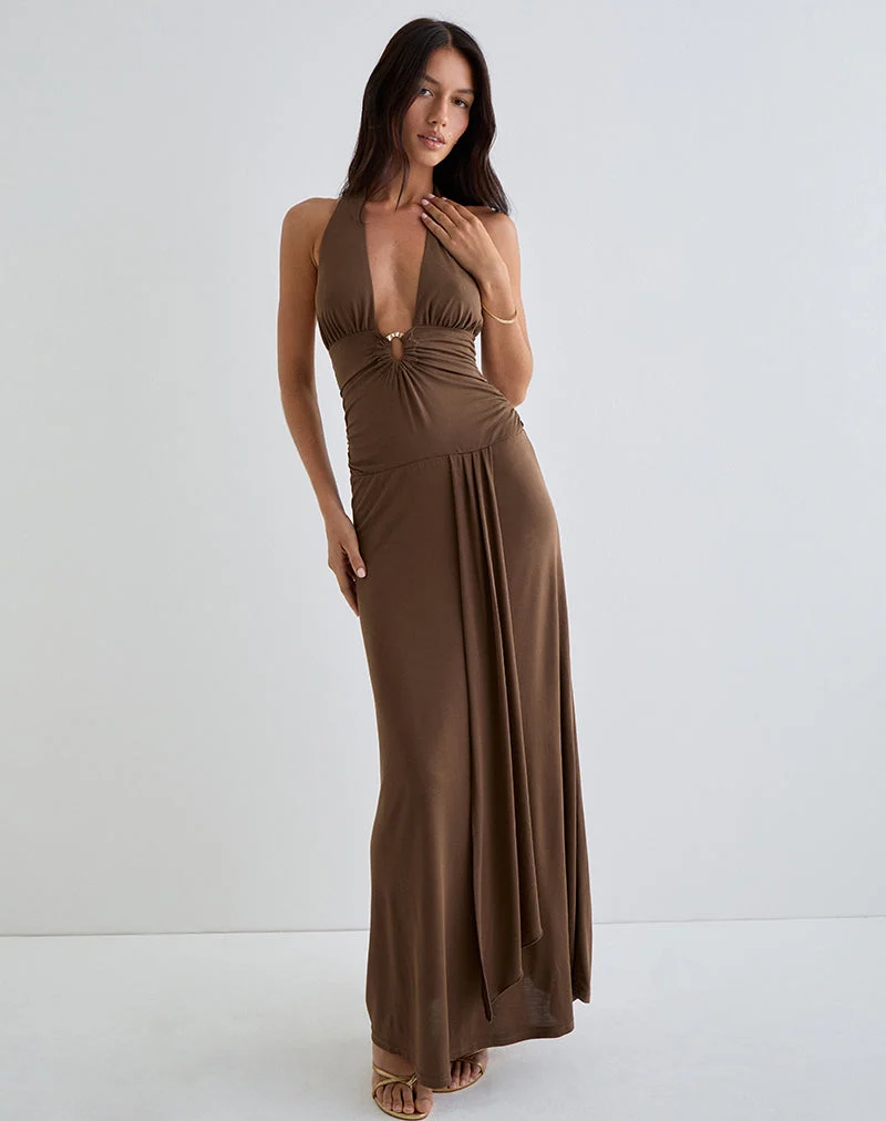 Robe longue Ryoko en cupro marron foncé