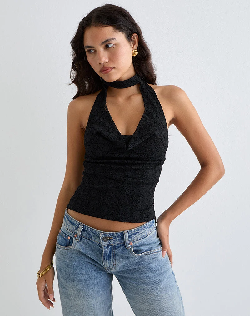 Samwell Halterneck Top in Paisley Lace Black (Top dos nu en dentelle marguerite)