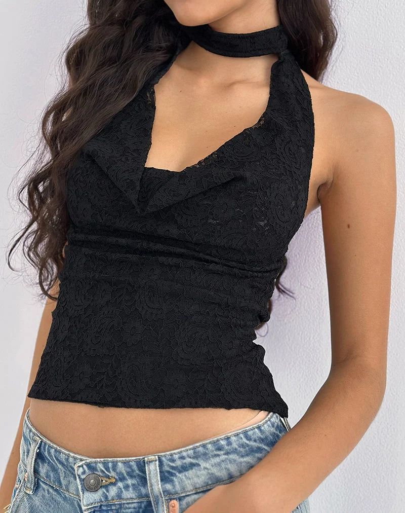 Samwell Halterneck Top in Paisley Lace Black (Top dos nu en dentelle marguerite)