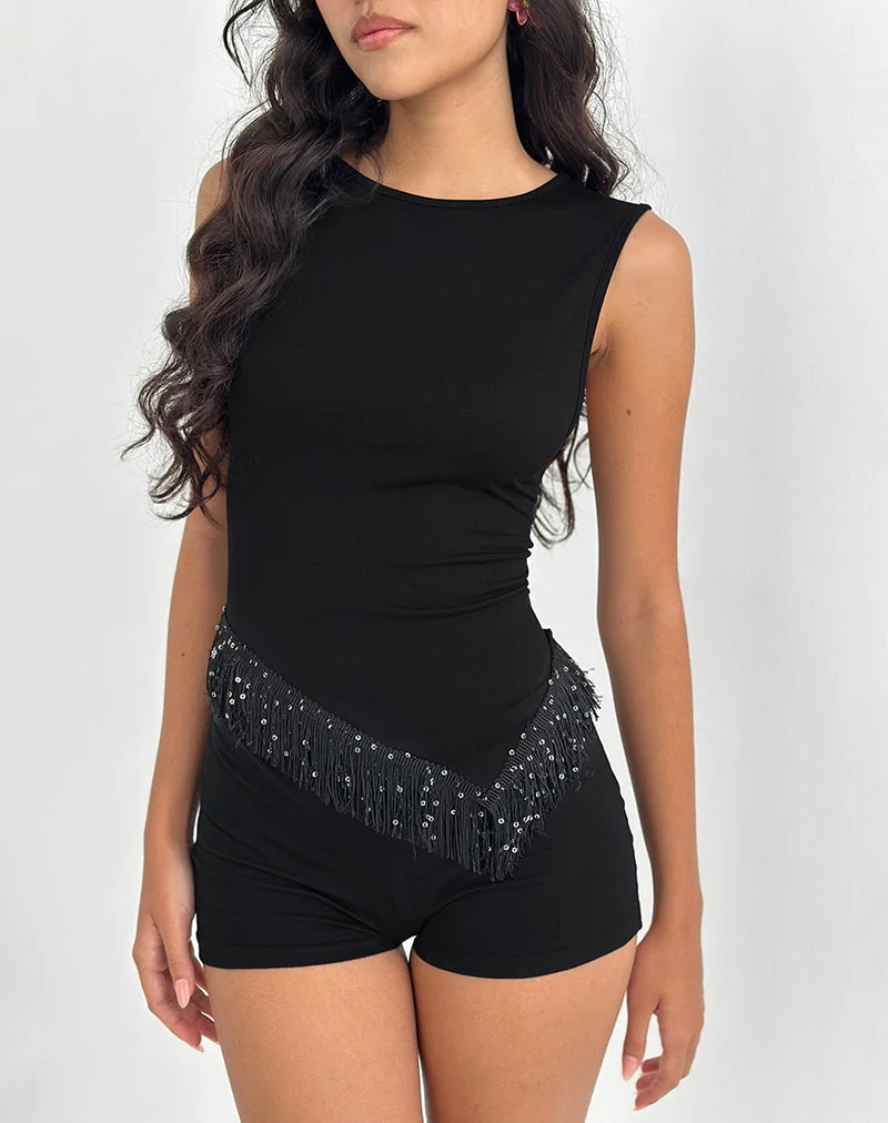 Dusya - Top à franges en cupro noir