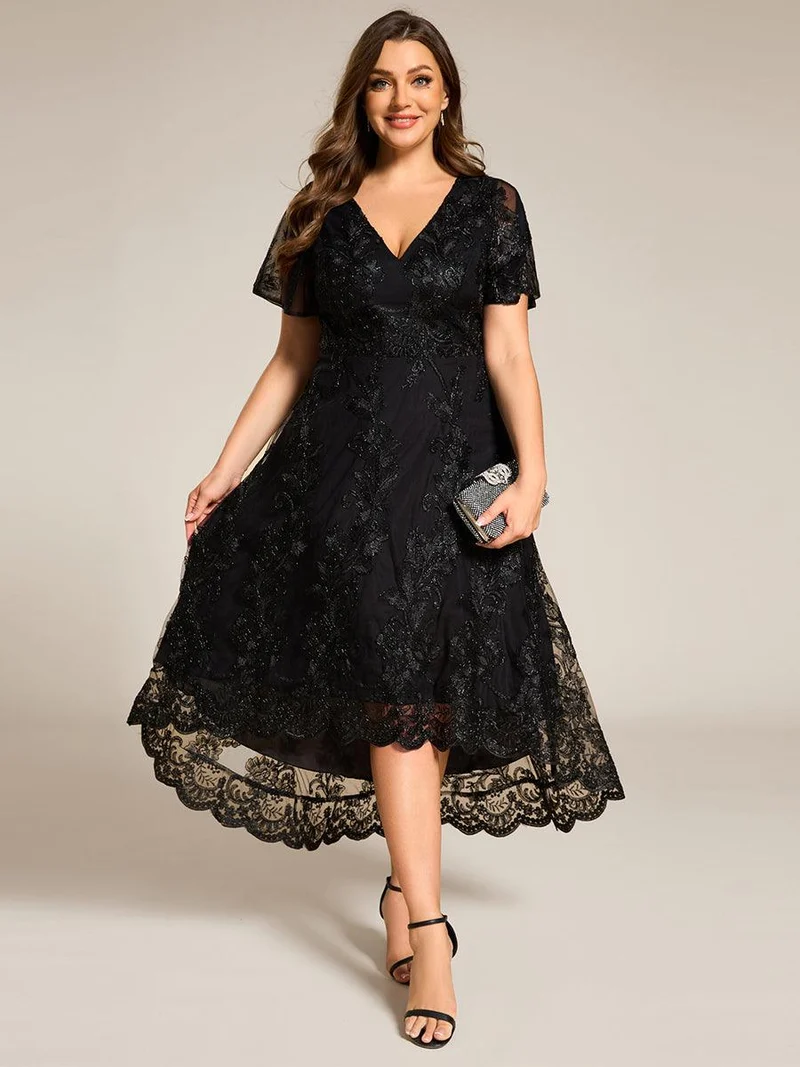 pretty TIDAL|Robe d'invitée de mariage mi-longue à col en V et en maille brodée grande taille