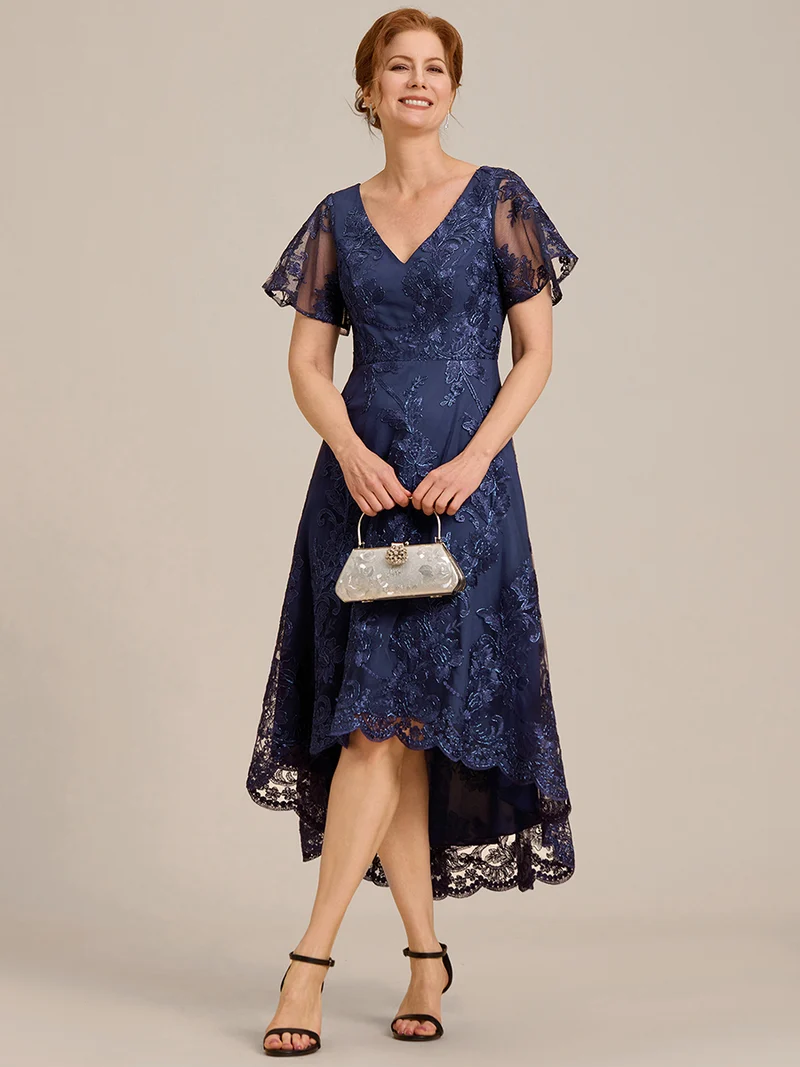ever TIDAL|Robe invitée mariage mi-longue à manches courtes et col en V double en maille brodée