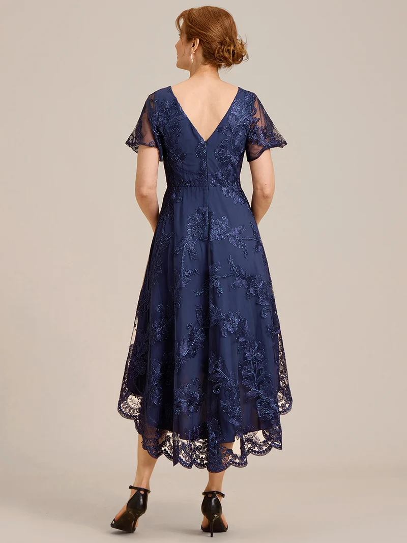 ever TIDAL|Robe invitée mariage mi-longue à manches courtes et col en V double en maille brodée
