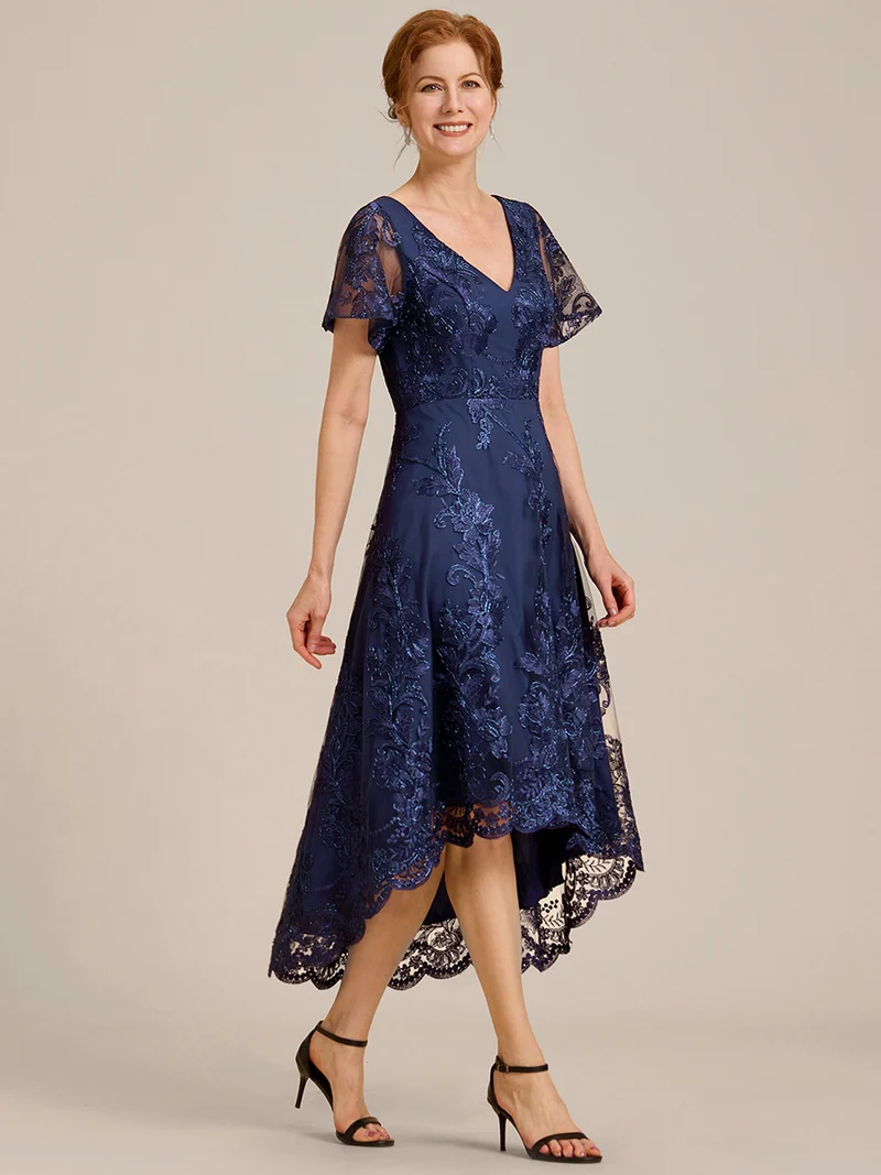 ever TIDAL|Robe invitée mariage mi-longue à manches courtes et col en V double en maille brodée