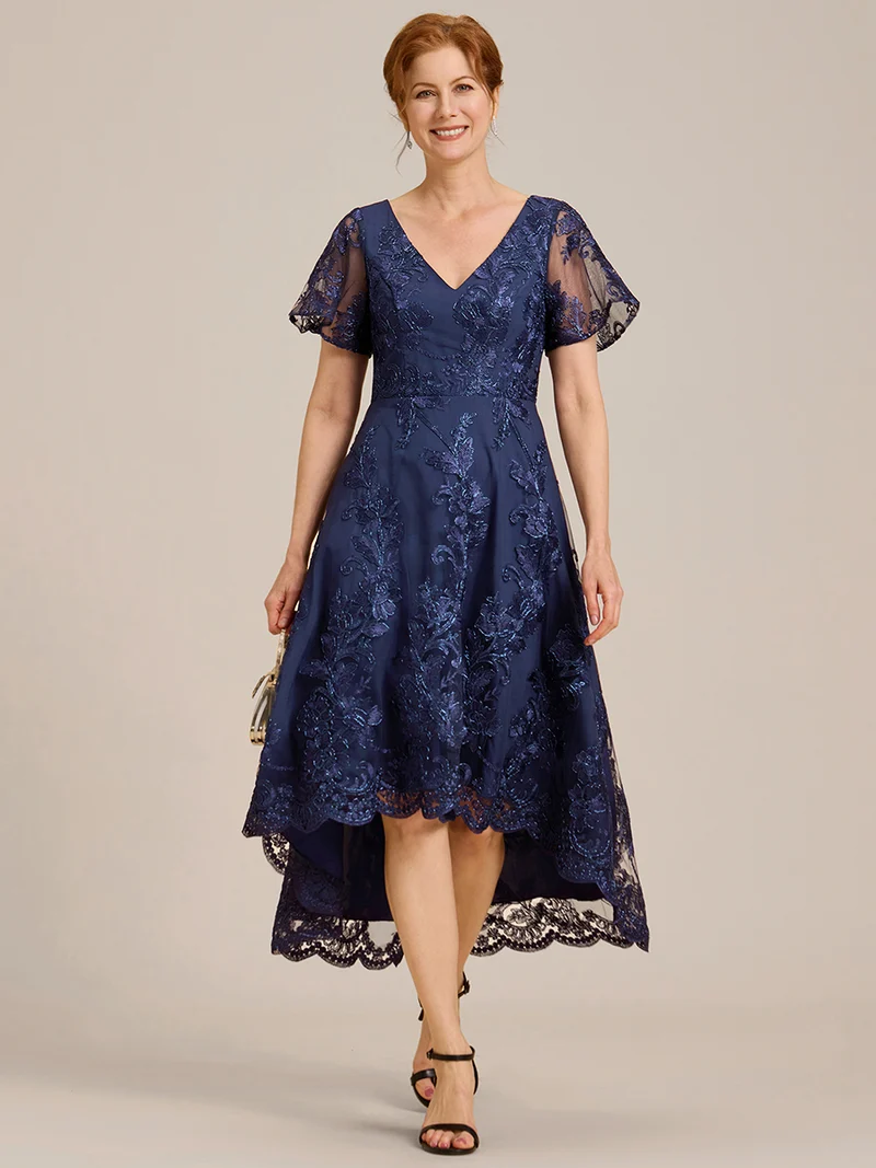ever TIDAL|Robe invitée mariage mi-longue à manches courtes et col en V double en maille brodée