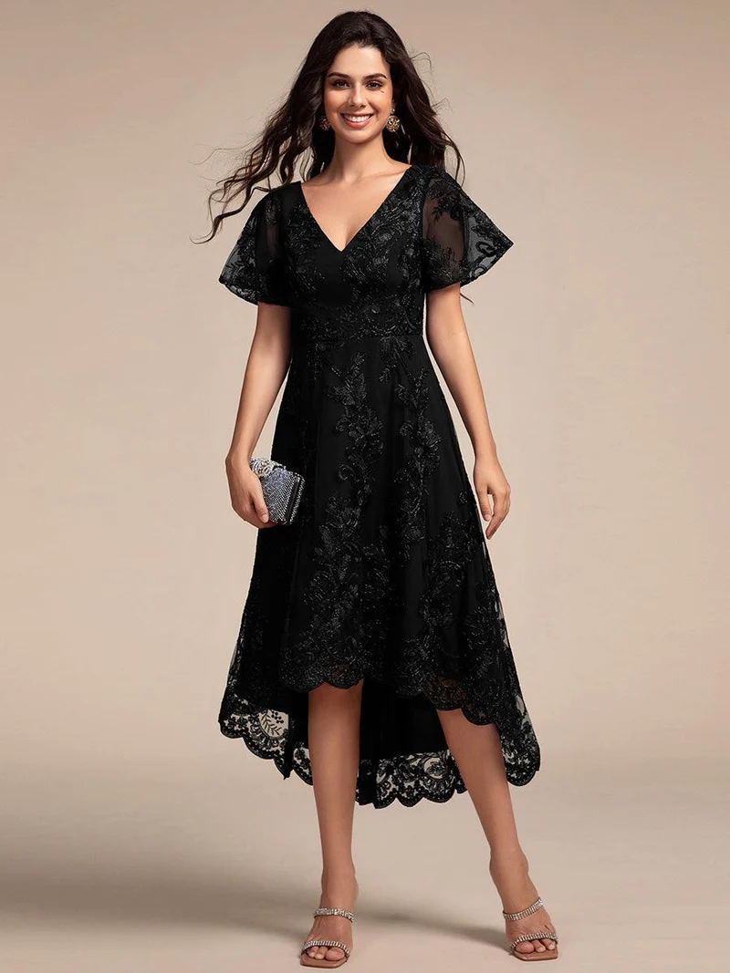 ever TIDAL|Robe invitée mariage mi-longue à manches courtes et col en V double en maille brodée