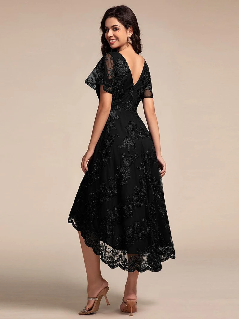 ever TIDAL|Robe invitée mariage mi-longue à manches courtes et col en V double en maille brodée