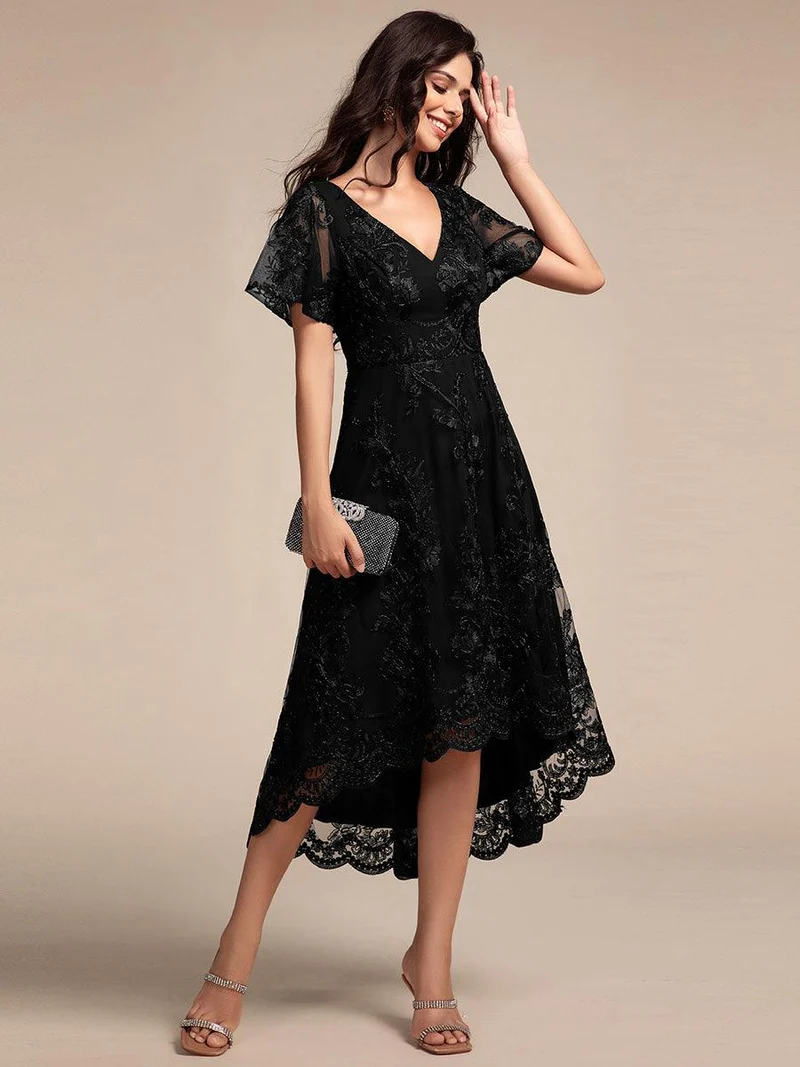 ever TIDAL|Robe invitée mariage mi-longue à manches courtes et col en V double en maille brodée