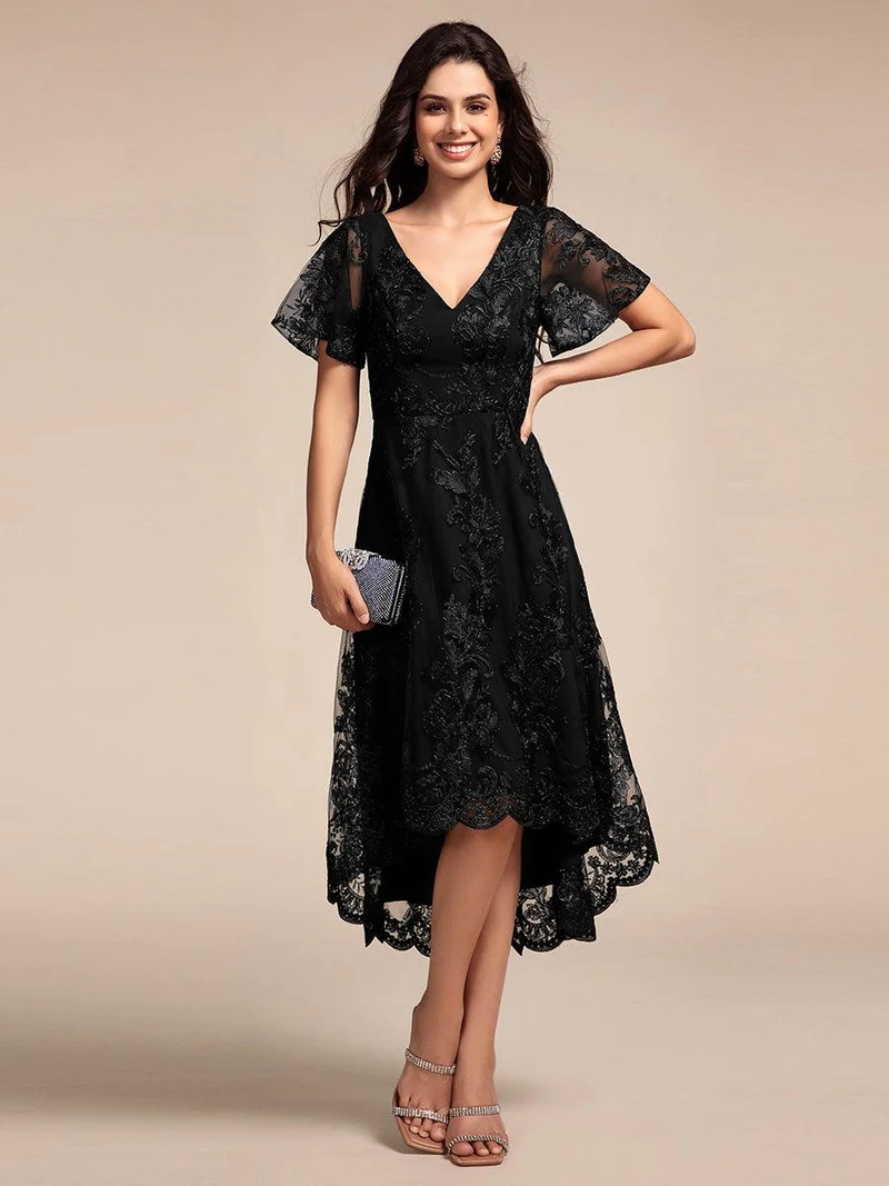 ever TIDAL|Robe invitée mariage mi-longue à manches courtes et col en V double en maille brodée