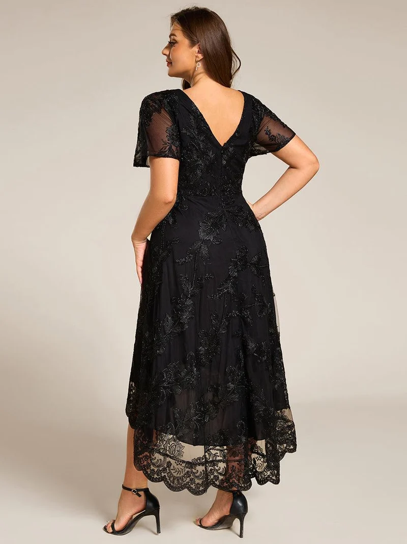 ever TIDAL|Robe invitée mariage mi-longue à manches courtes et col en V double en maille brodée