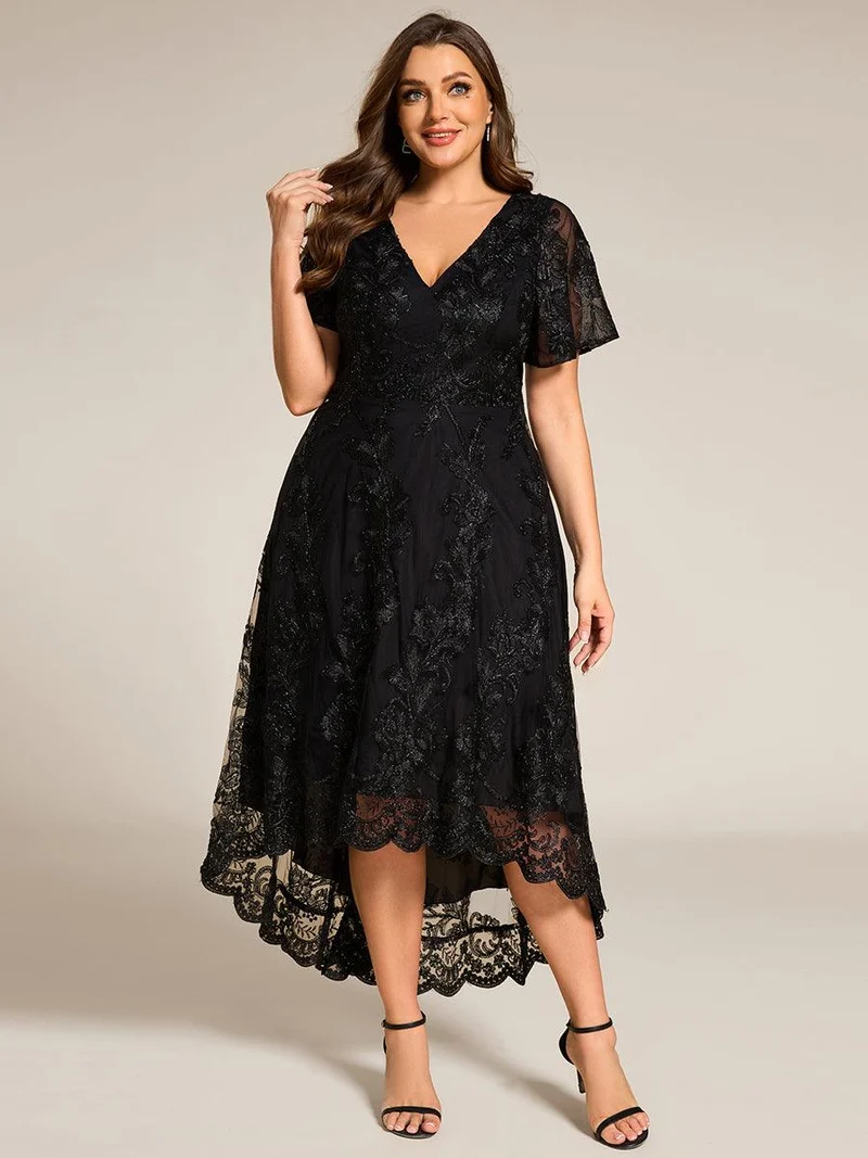 ever TIDAL|Robe invitée mariage mi-longue à manches courtes et col en V double en maille brodée