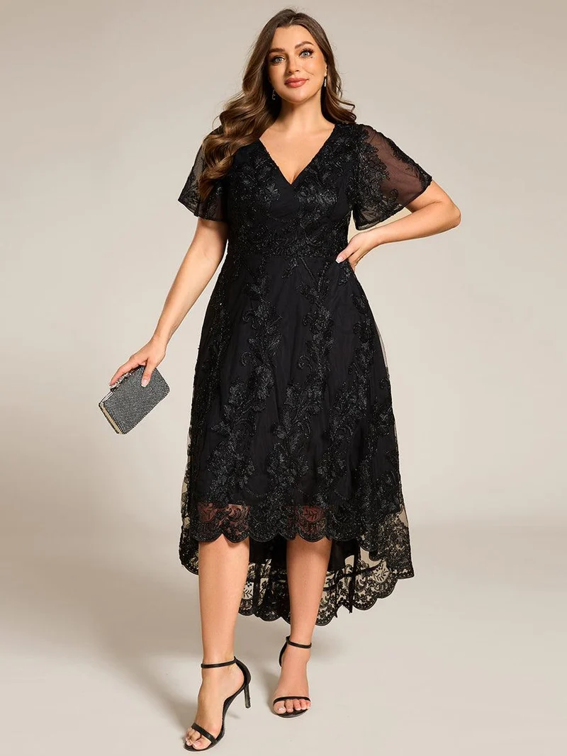 ever TIDAL|Robe invitée mariage mi-longue à manches courtes et col en V double en maille brodée
