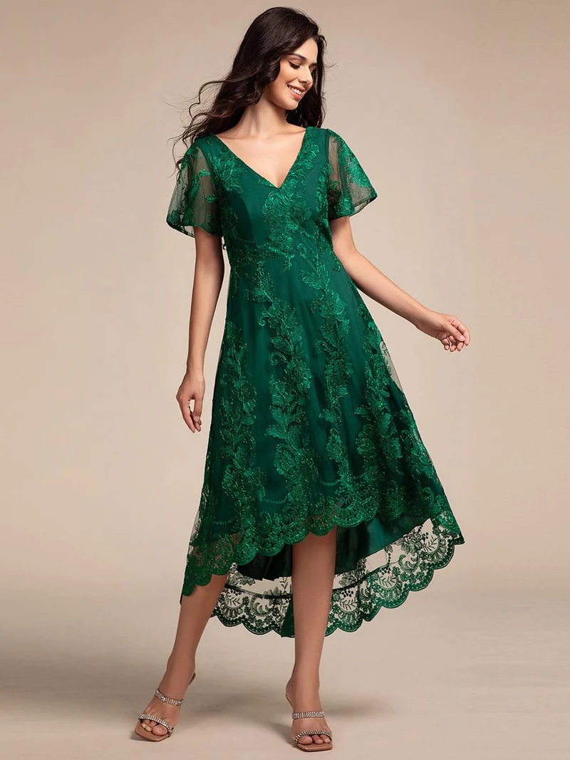 ever TIDAL|Robe invitée mariage mi-longue à manches courtes et col en V double en maille brodée