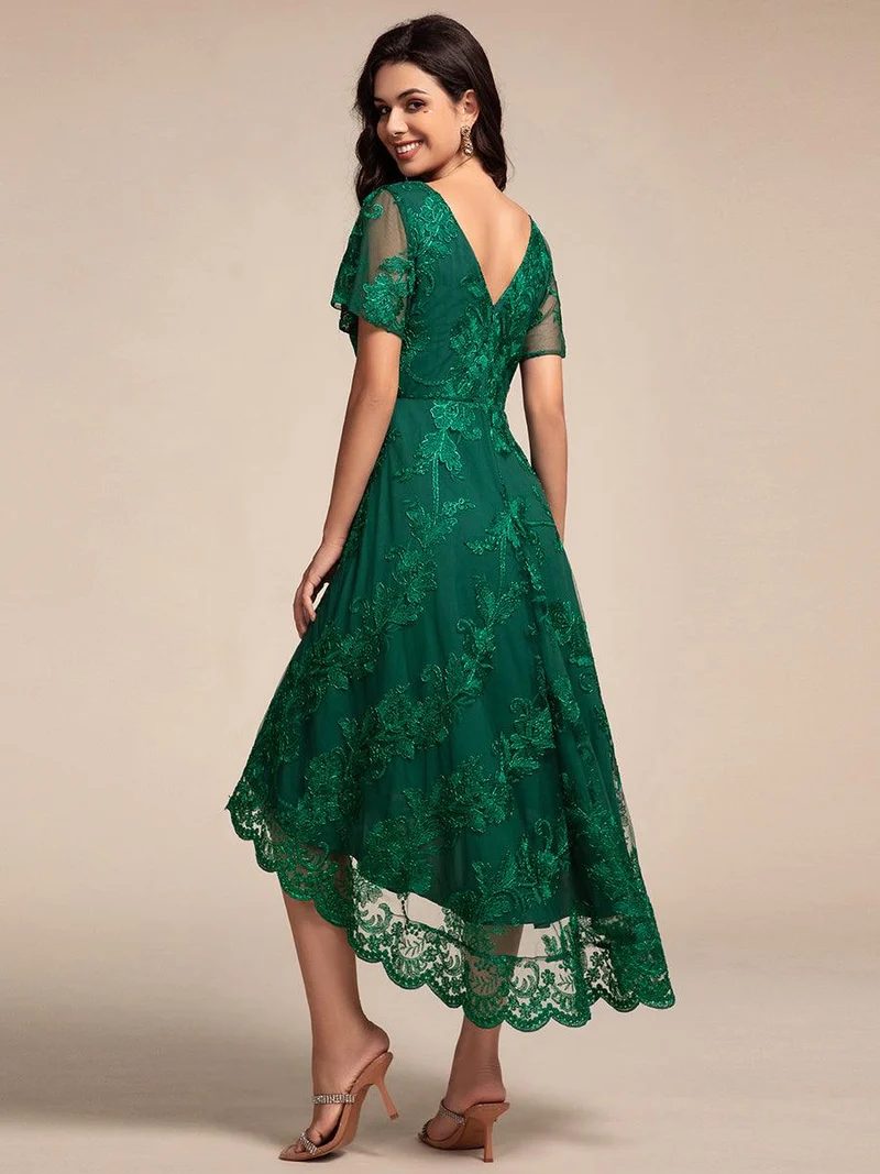 ever TIDAL|Robe invitée mariage mi-longue à manches courtes et col en V double en maille brodée