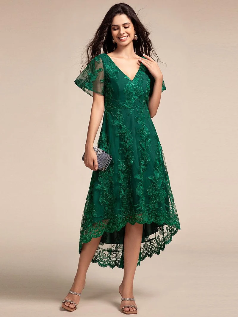 ever TIDAL|Robe invitée mariage mi-longue à manches courtes et col en V double en maille brodée