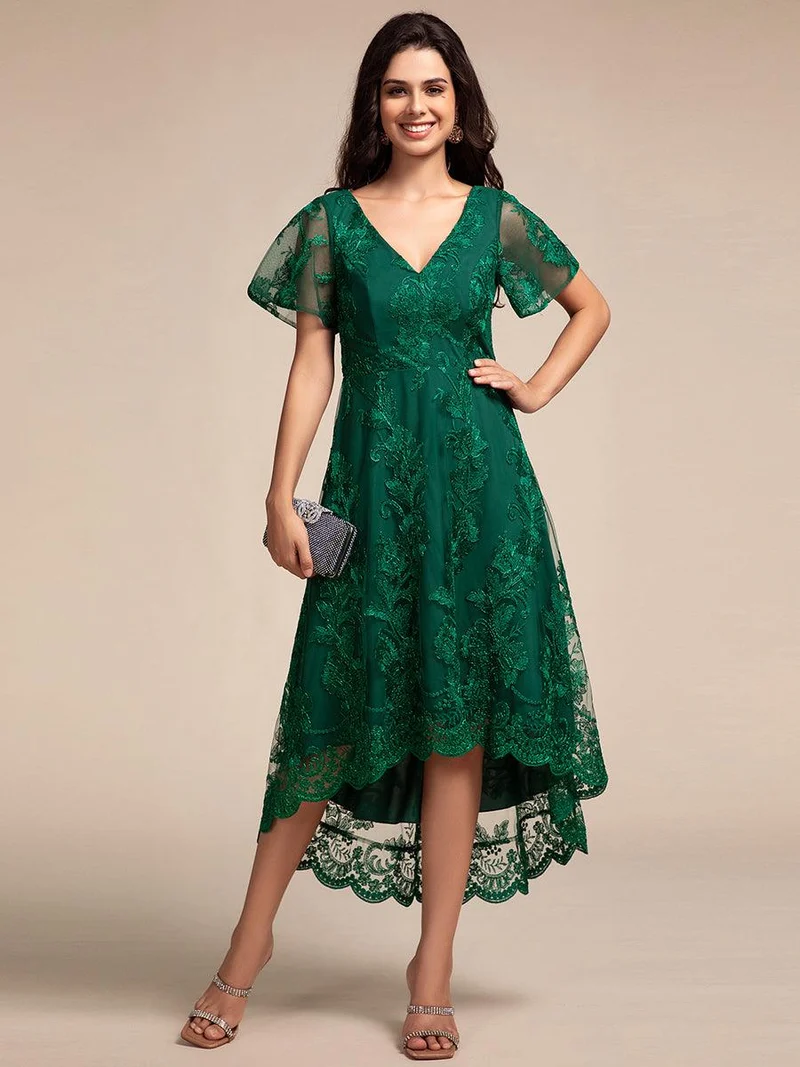 ever TIDAL|Robe invitée mariage mi-longue à manches courtes et col en V double en maille brodée