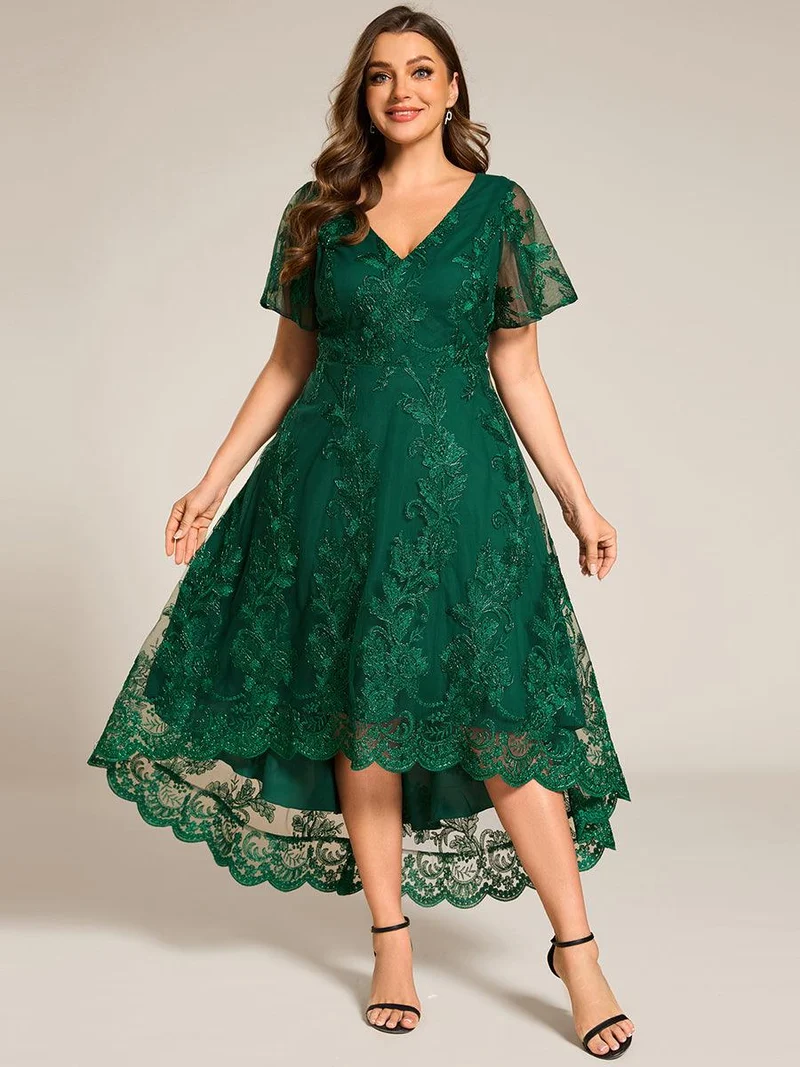 ever TIDAL|Robe invitée mariage mi-longue à manches courtes et col en V double en maille brodée