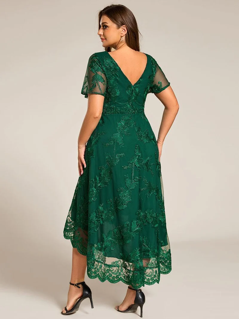 ever TIDAL|Robe invitée mariage mi-longue à manches courtes et col en V double en maille brodée