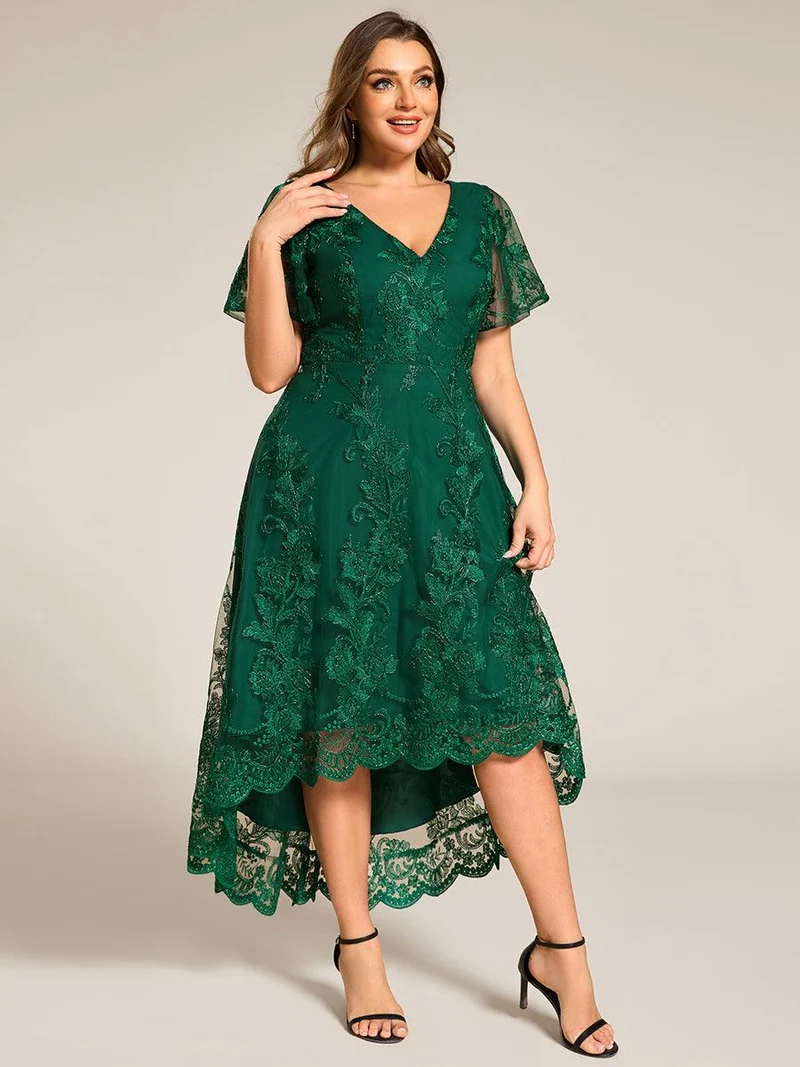ever TIDAL|Robe invitée mariage mi-longue à manches courtes et col en V double en maille brodée