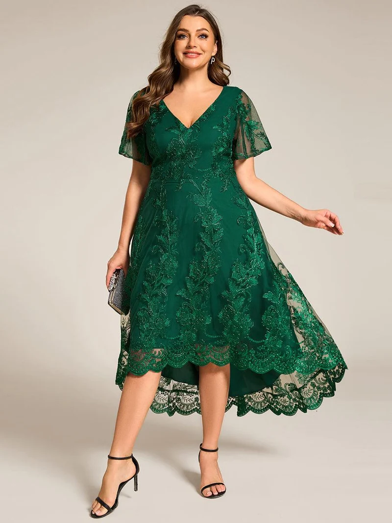 ever TIDAL|Robe invitée mariage mi-longue à manches courtes et col en V double en maille brodée