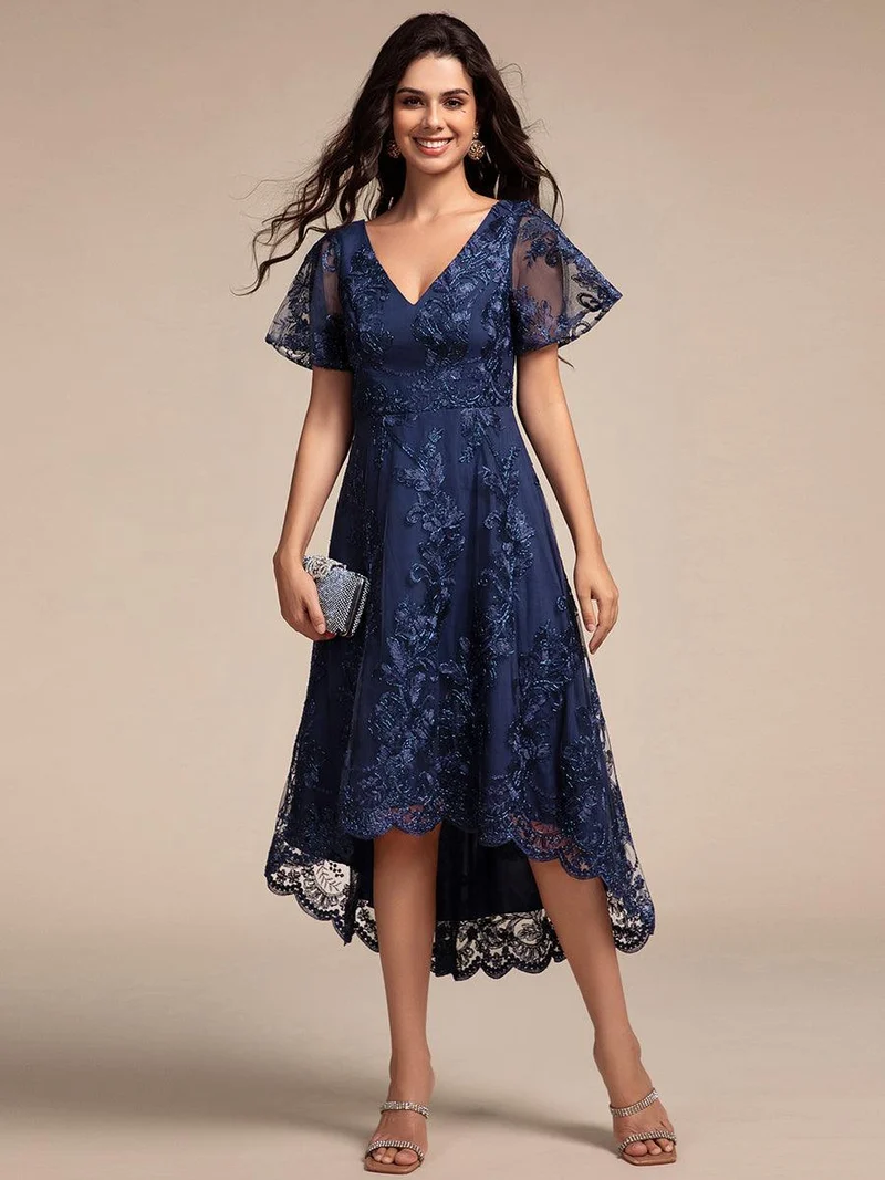 ever TIDAL|Robe invitée mariage mi-longue à manches courtes et col en V double en maille brodée