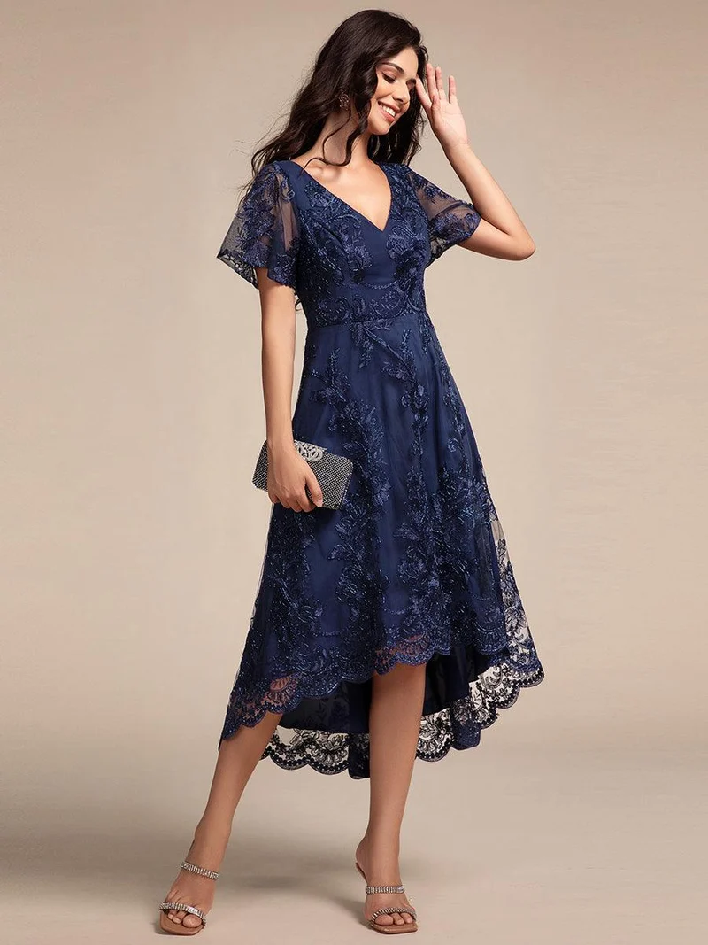 ever TIDAL|Robe invitée mariage mi-longue à manches courtes et col en V double en maille brodée