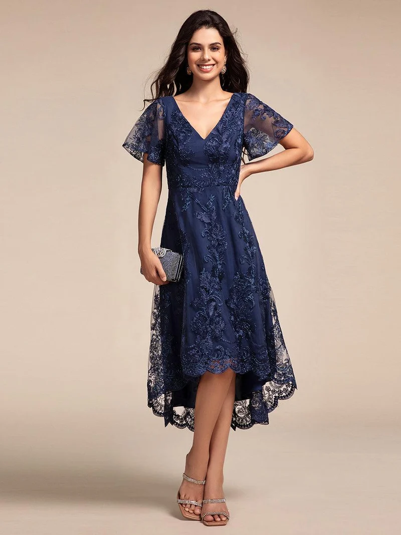 ever TIDAL|Robe invitée mariage mi-longue à manches courtes et col en V double en maille brodée